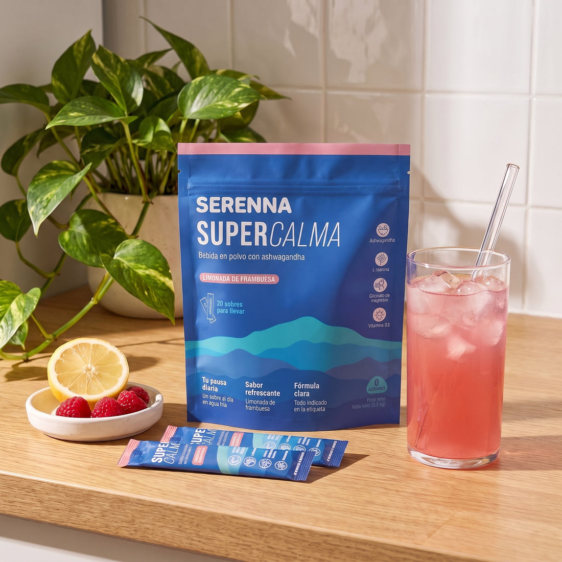 Serenna SuperCalma en la cocina con un vaso de limonada de frambuesa